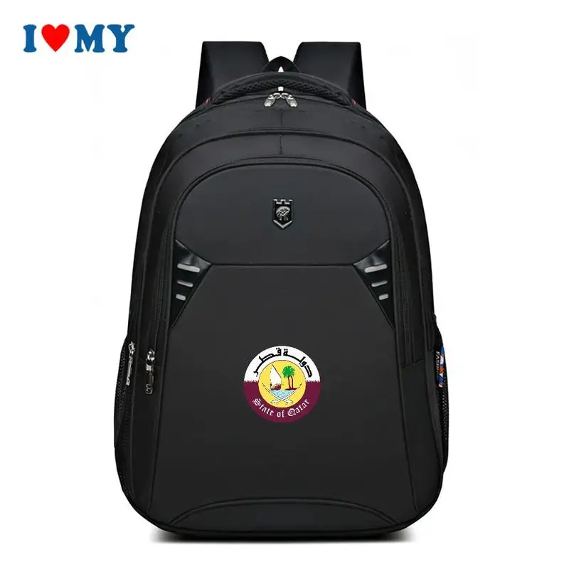

State of Qatar Emblem Printing Black Sports Backpack for Men Women, Large Capacity Daypack for Travel School Office Outdoor