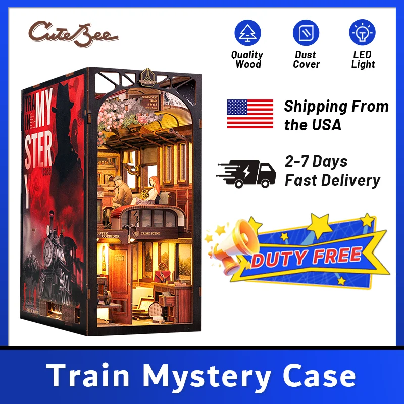 

CUTEBEE DIY Book Nook Wooden Doll House with Touch Light Bookshelf Insert Detective Series Train Mystery
