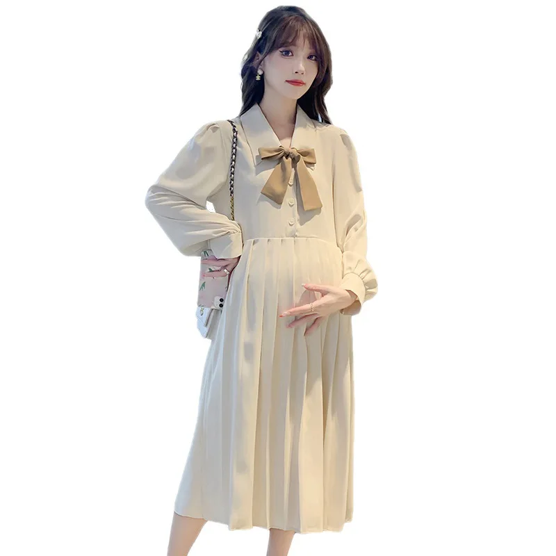 Spring Pregnant Women Pleated Dress Korean Style Office Lady Elegant Dress Long Sleeve Turn-down Collar with Bowknot Work Dress