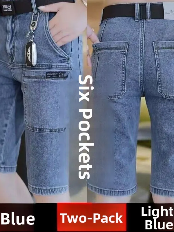 

Men's Summer Thin Seven-Pocket Denim Shorts Casual Workwear Wear-Resistant Straight Leg Fashionable Shorts mid Waist Button Fly