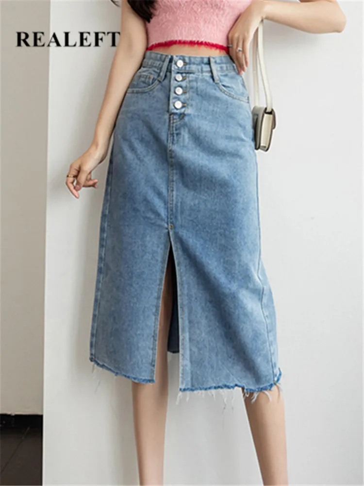 

REALEFT Summer 2022 New Front Split Women's Denim Wrap Skirt Vintage High Wasit Jeans Skirt Female Buttons A-line Pencil Skirts
