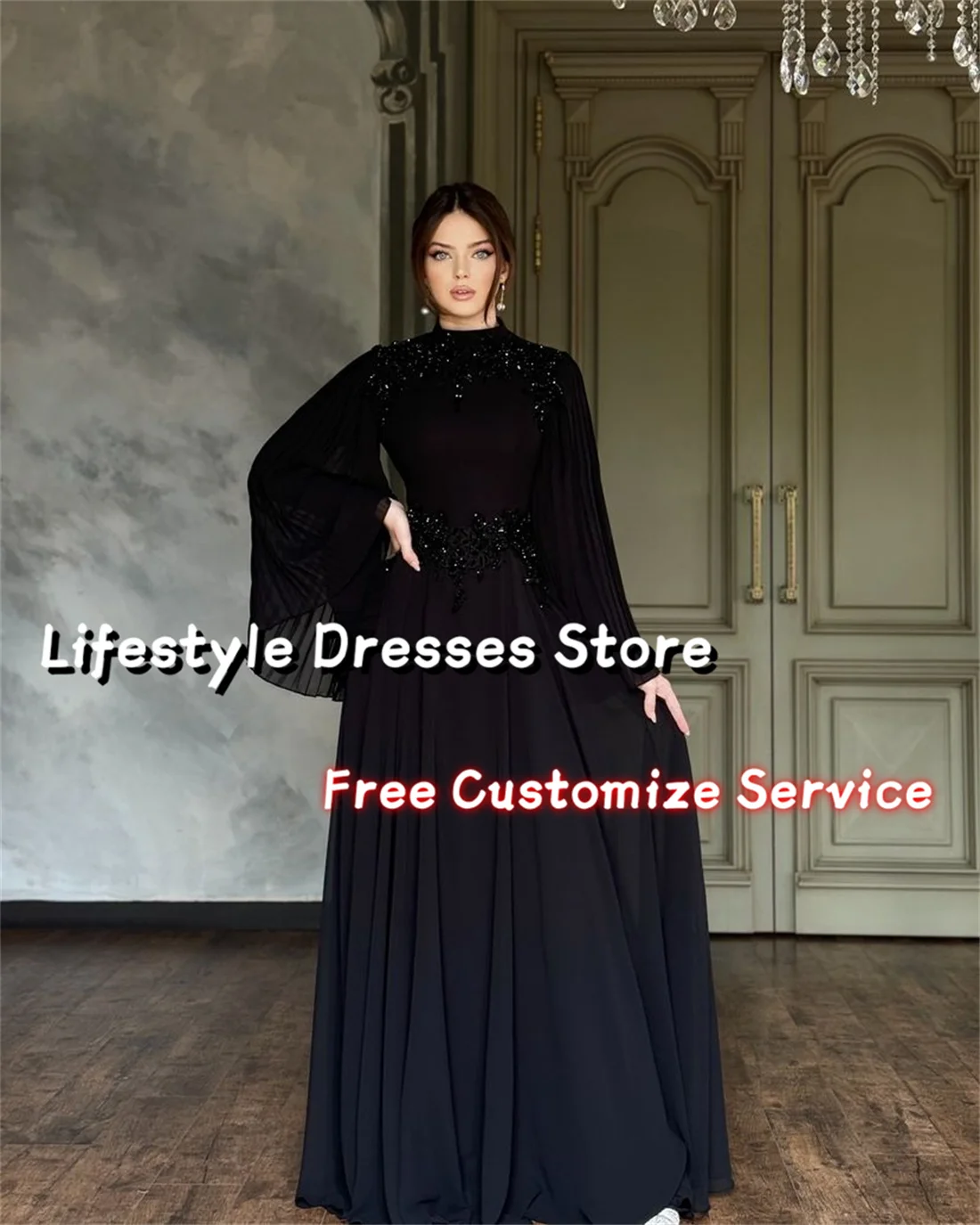 Customized High Collar Shiny Applique Prom Dresses Flare Long Sleeves Evening Dress Party Gown vestidos para eventos especiales