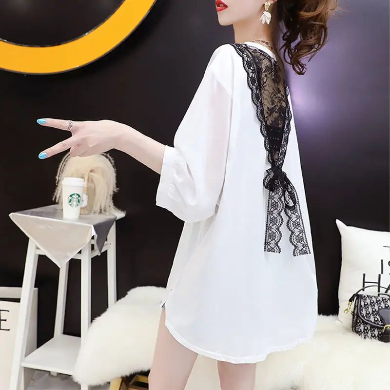 Stylish Backless Lace Spliced Pullovers Bandage Bow Female Clothing Loose Half Sleeve Summer Casual Printed Split Midi T-shirt