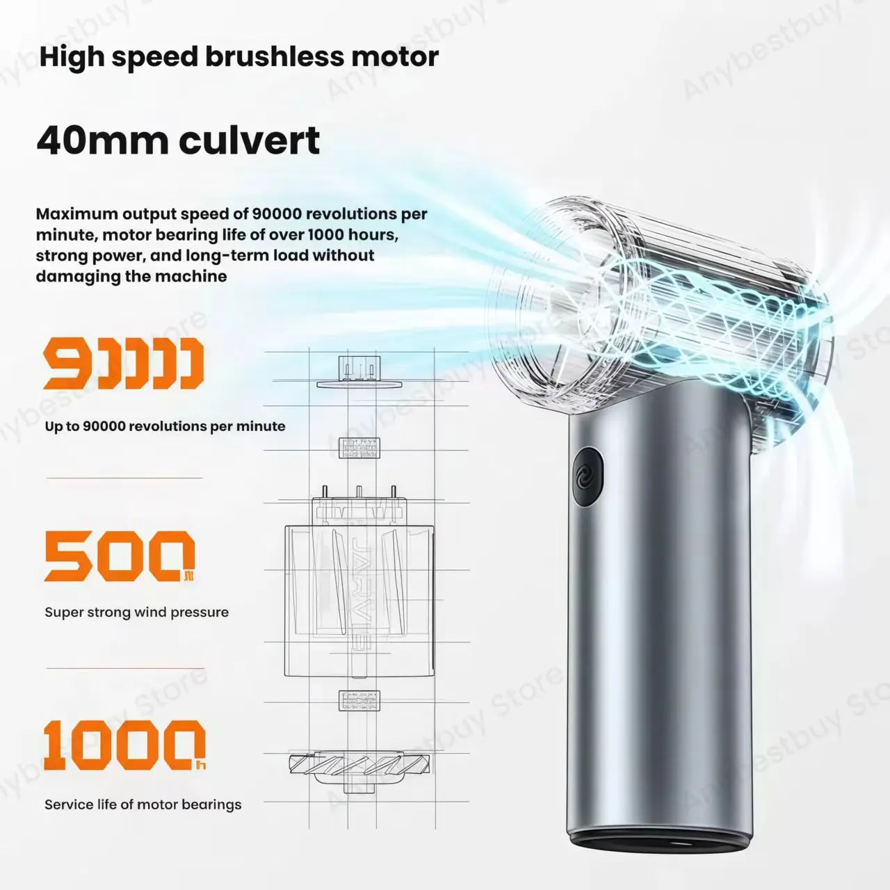 X7 منفاخ عنيف 500 جرام قوة النفخ 40 مللي متر محرك بدون فرشاة X7 مروحة توربو مع 4 فوهات الرياح منفضة الهواء لتنظيف لوحة مفاتيح الكمبيوتر #5