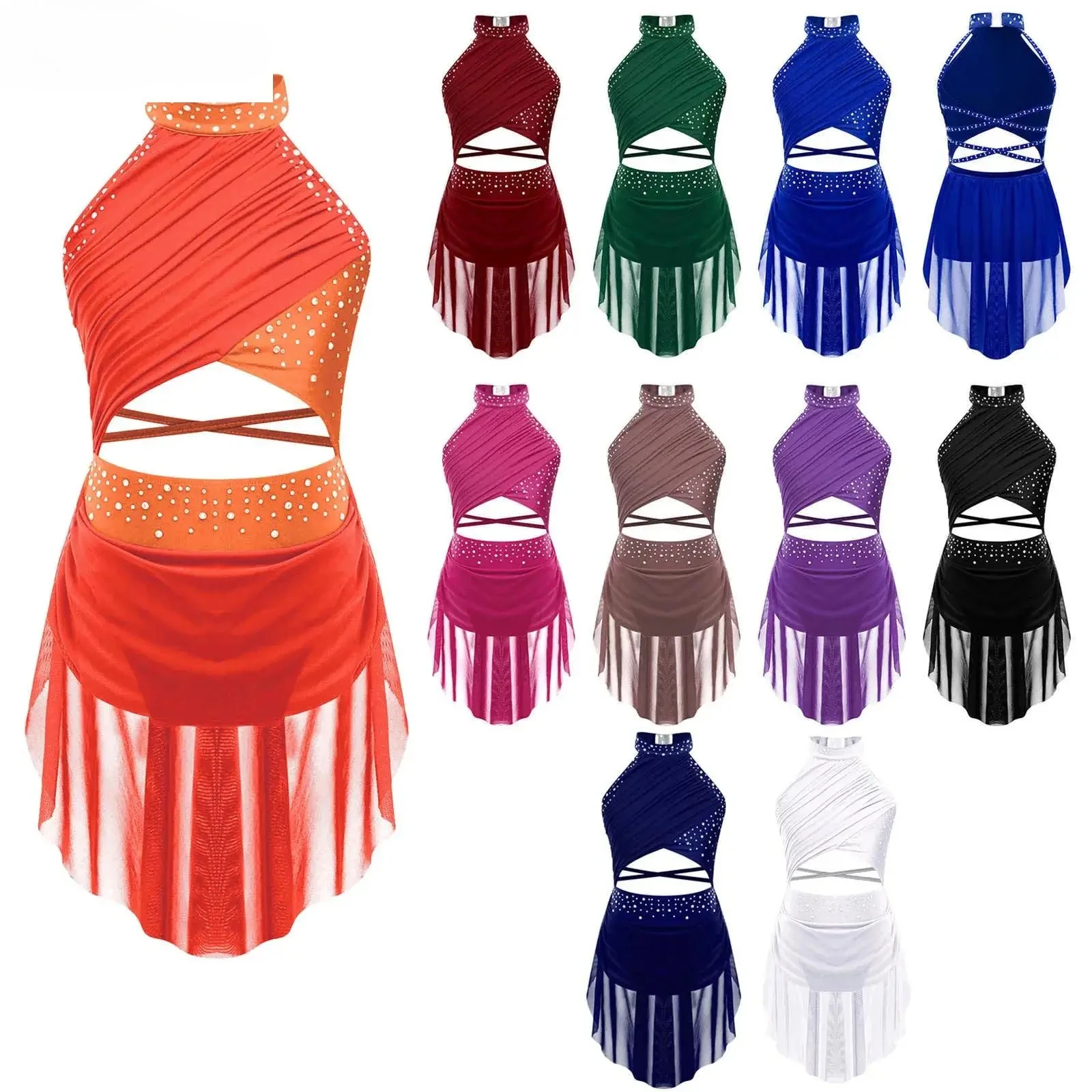 Traje de Danza Contemporánea Lírica para Niñas, Vestido de Leotardo con Pedrería y Aberturas, para Patinaje Artístico y Gimnasia Rítmica