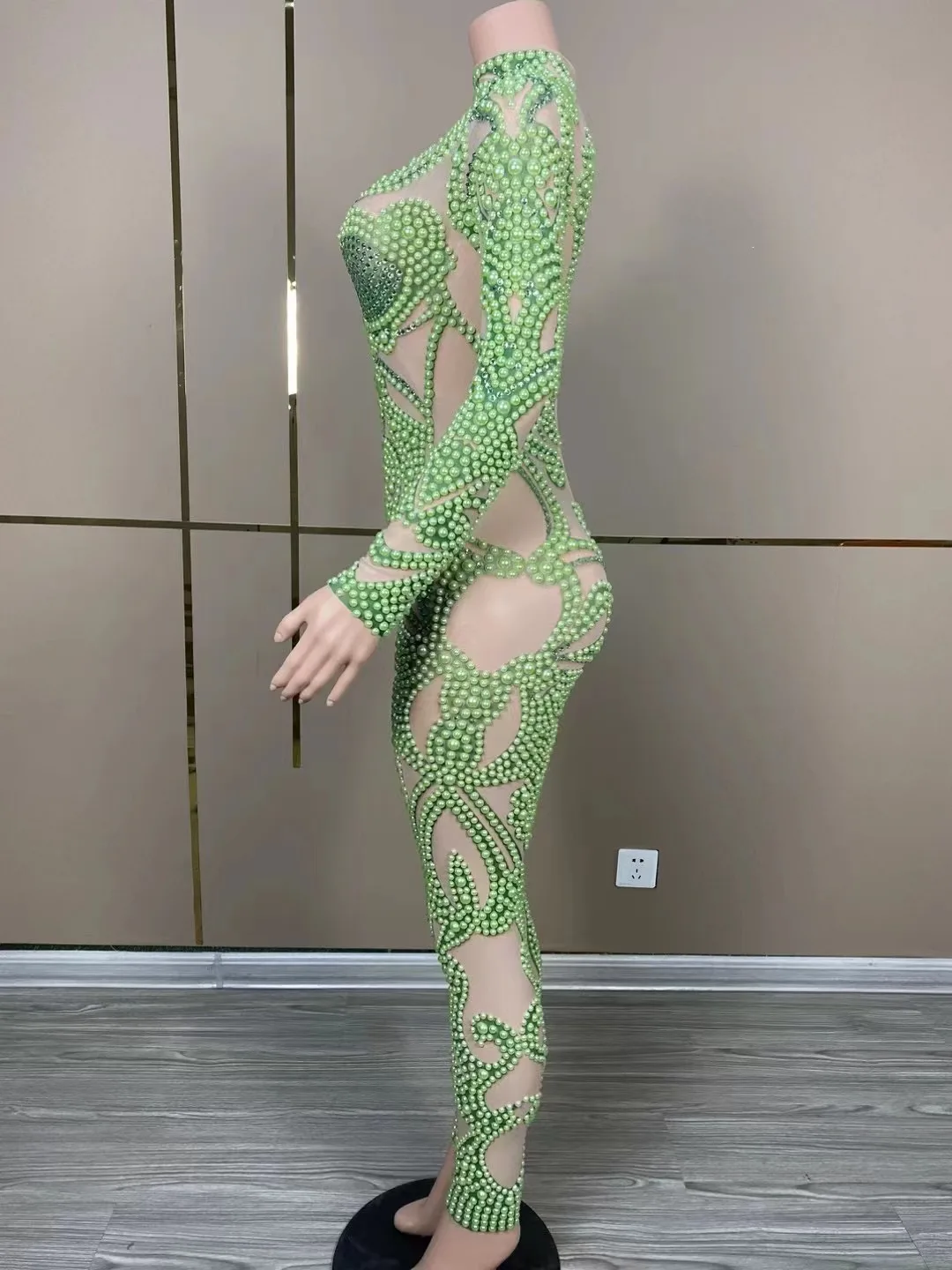 Sexy Stage Sparkly Green Pearls Transparent Mesh Jumpsuit Birthday Celebrate Net Yarn Outfit Women Dancer Photoshoot Wear