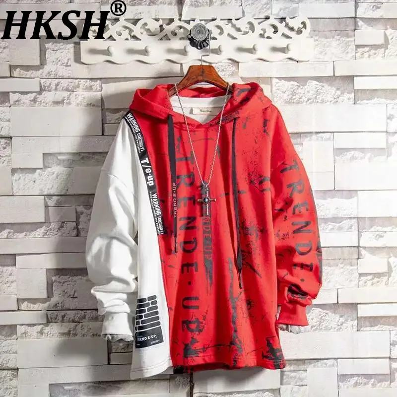 HKSH Men's Tide Punk Color Contrast Spring Autumn New Hip Hop Ink Splash Print Hoodie Hip Hop Splice Patchwork Sweatshirt HK2883