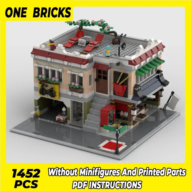 Moc Building Blocks Street View Model Noodle And Bike Shop Technical Bricks DIY Assembly Famous Toys For Childr Holiday Gifts