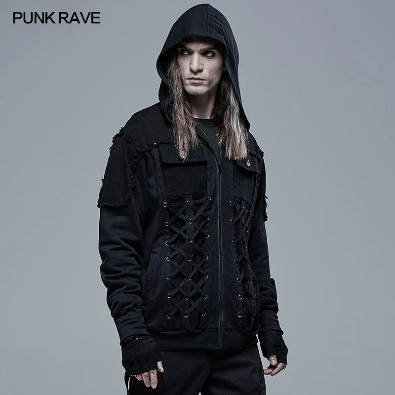 PUNK RAVE Men's Gothic Loose Version Sweater Cardican Elastic  Fabric and Woven Spliced Black Short Coat Hoodie