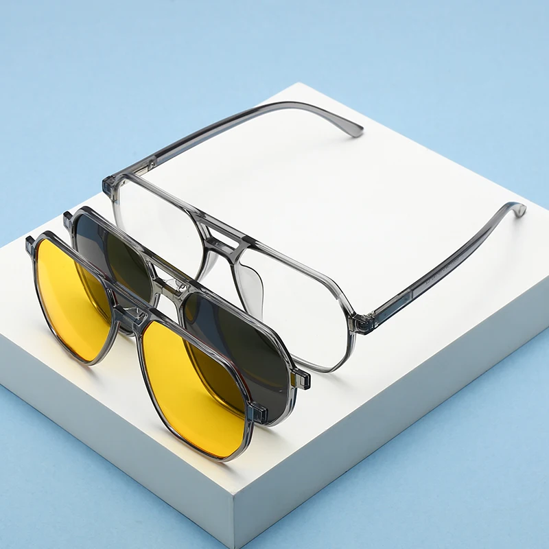 New Magnetic Clip-On Sunglasses With Polarized Night Vision Goggles Driving Sunglasses Tinted Lenses Transparent Grey Frame