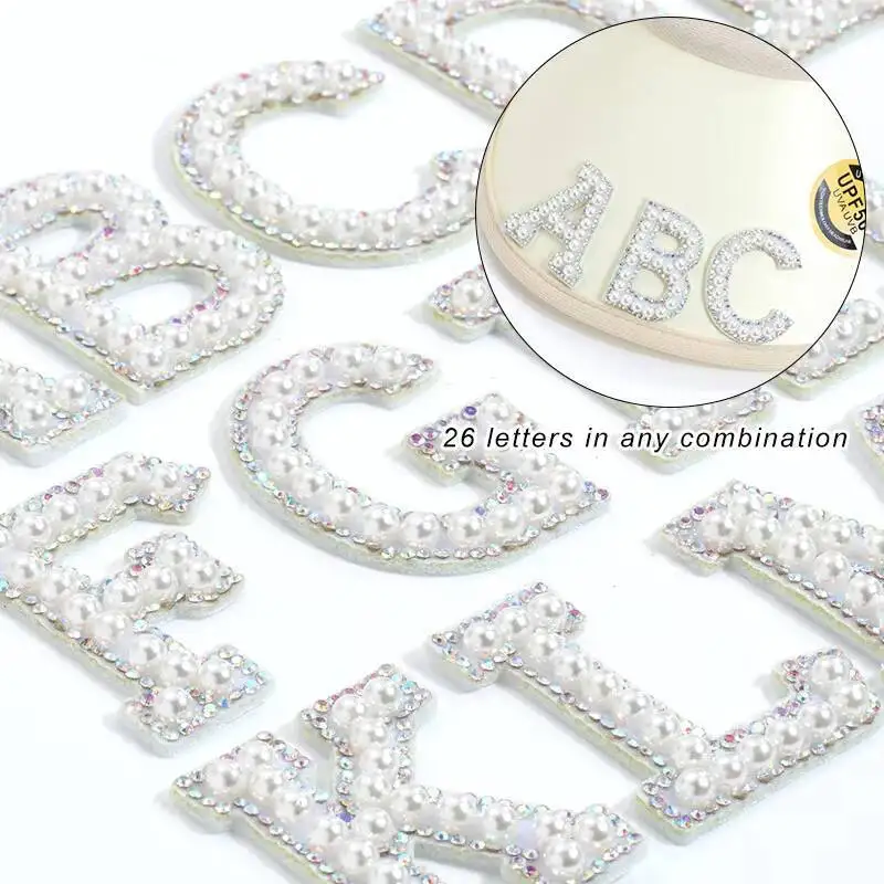 A-Z Rhinestone Pearl Alphabet English Letter Iron Sew On Patch Badge 3D Handmade Bag Hat Jeans Clothes Gown Applique DIY Crafts