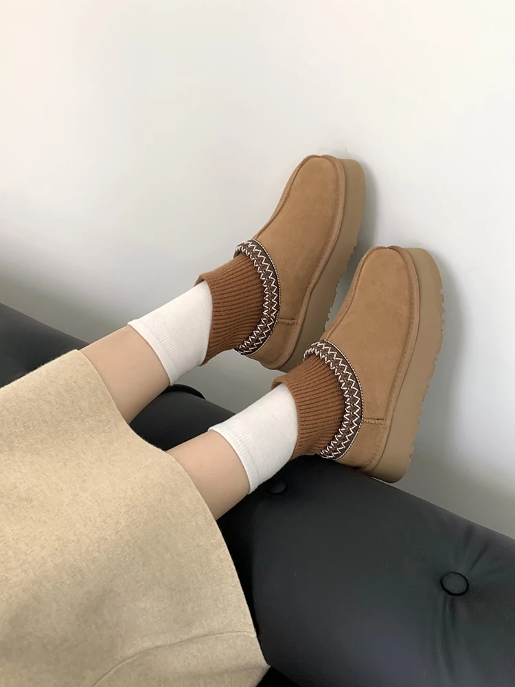 Botines de Piel de O con Forro de Lana Tejida y Suela uesa para Mujer, Botas Cortas de Nieve de Moda para Invierno, Zap...