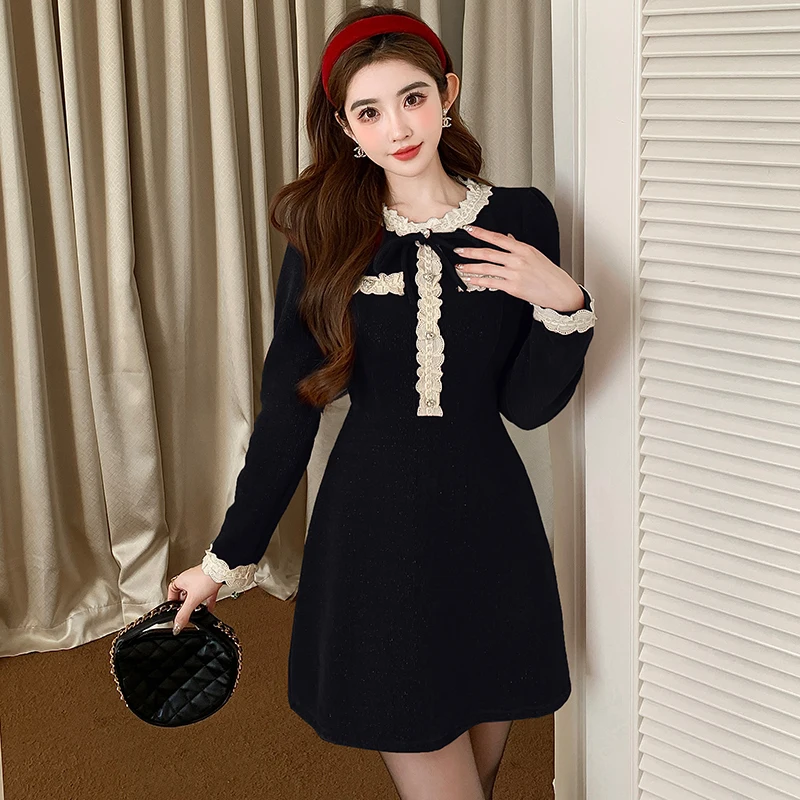 Spring Autumn Lace Patchwork Corduroy Mini Dress High Quality Women\'s Long Sleeve High Waist Slim Office Midi Clothing