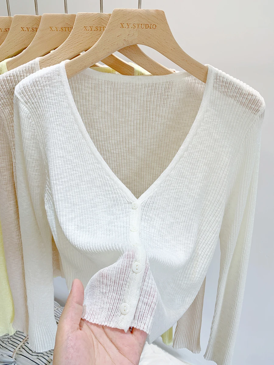 

2026 Summer Thin Ice Silk Knit Sun Protection Women Cardigan Solid Color Casual Short Shawl Outerwear Air Conditioning Blouse