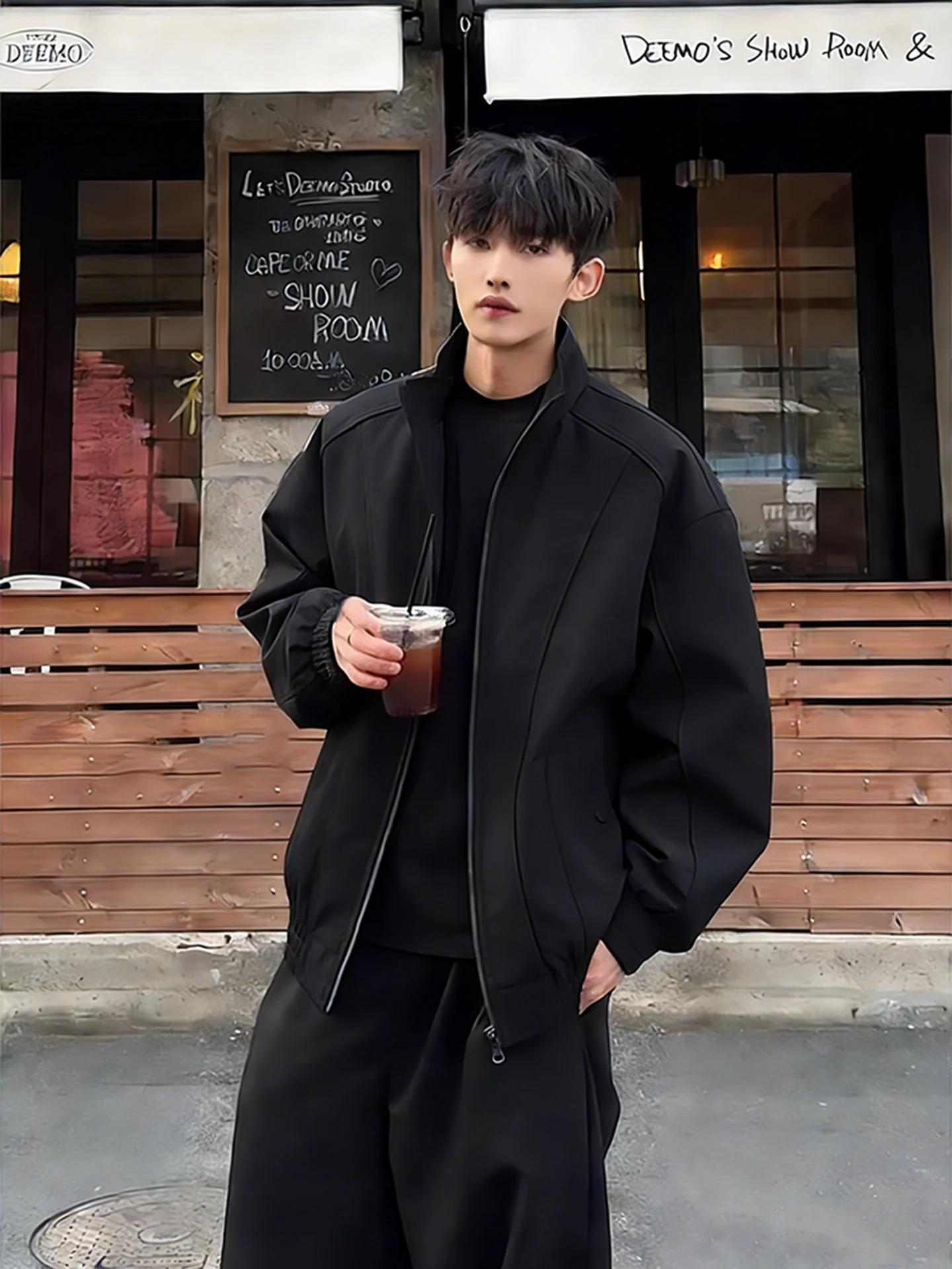Deep ey Stand Collar Pilot Jaet Men's Spring Autumn American Structure oulder Advanced Feeling Baseball orm Coat