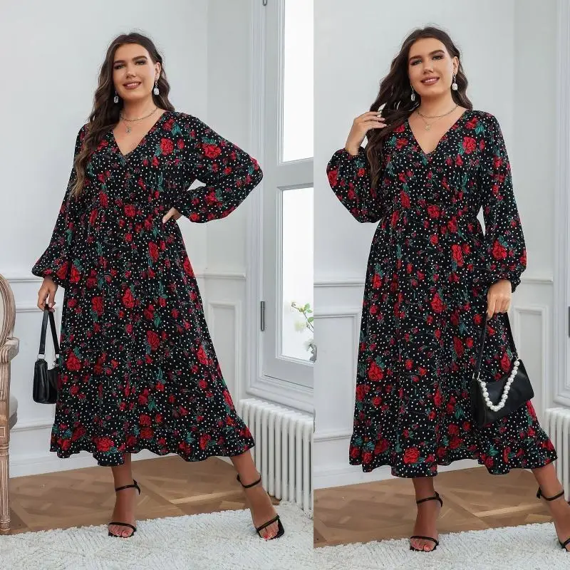 

L38E Women Floral Summer Dress Wrap V Neck Long Sleeve Bohemian Maxi Dress