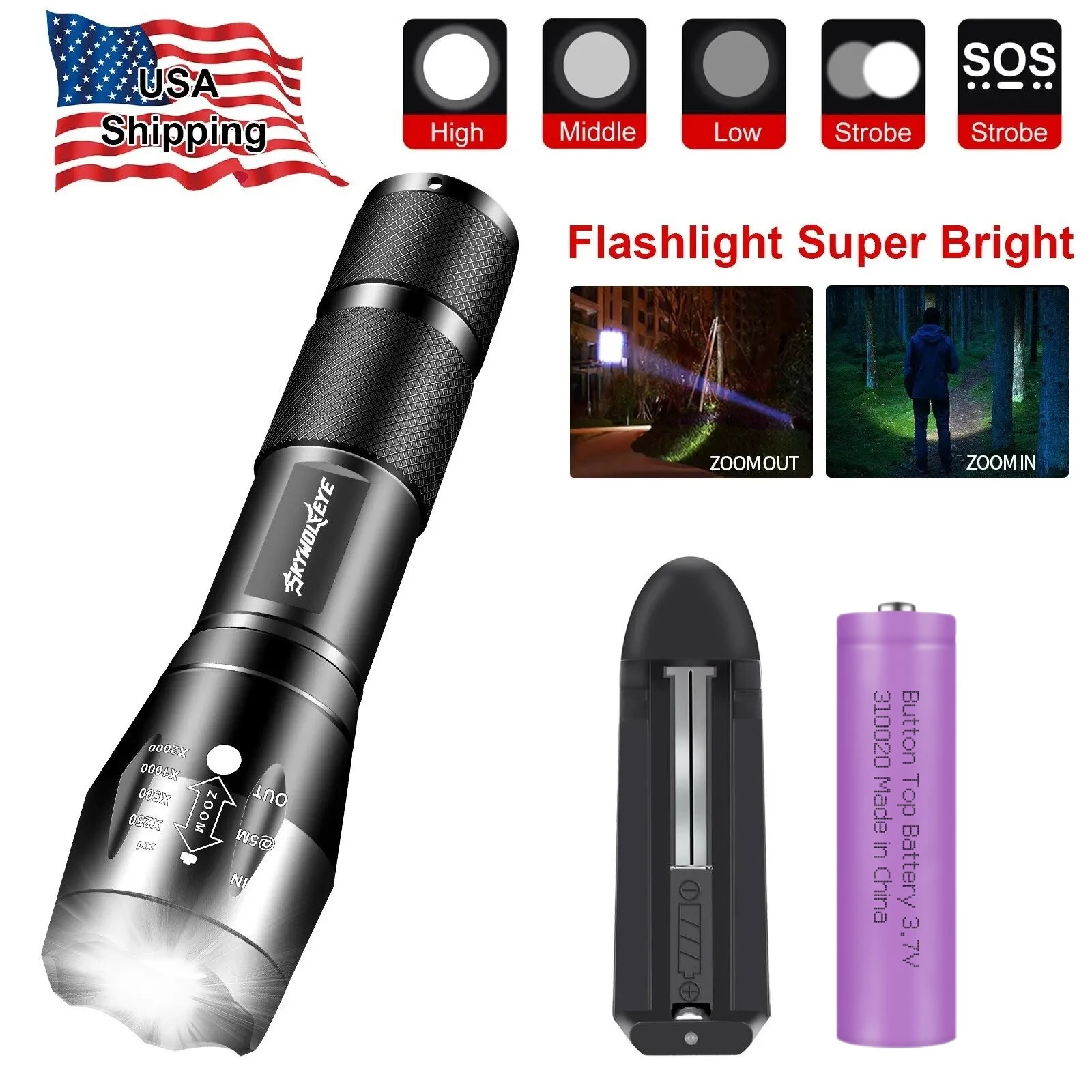 Skywolfeye Super Bright LED Flashlight Portable Working LED Torch with 1 Rechargeable Battery&Charger 1-Slot for Emergency