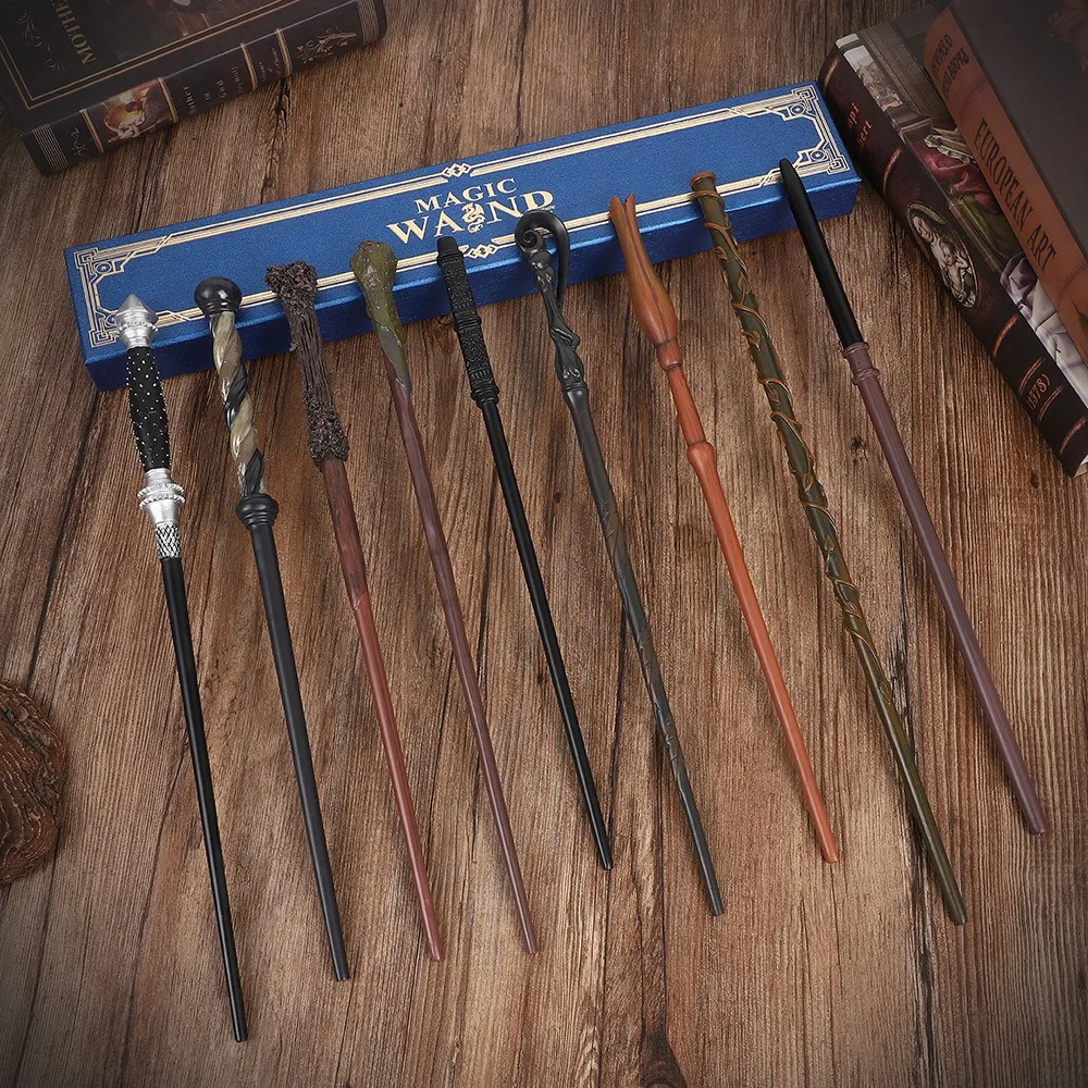 Caja de regalo de Harry Potter con varita mágica azul que no emite luz, con un diseño metalizado. Se incluye una moneda de oro y un billete para que los amigos recojan los regalos.