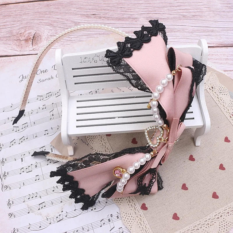 Japanese Luxury Lolita Hairband Headdress Handmade Big Bow Lace Crown Rhinestone Beaded Hair Accessories Hair Hoop for Women