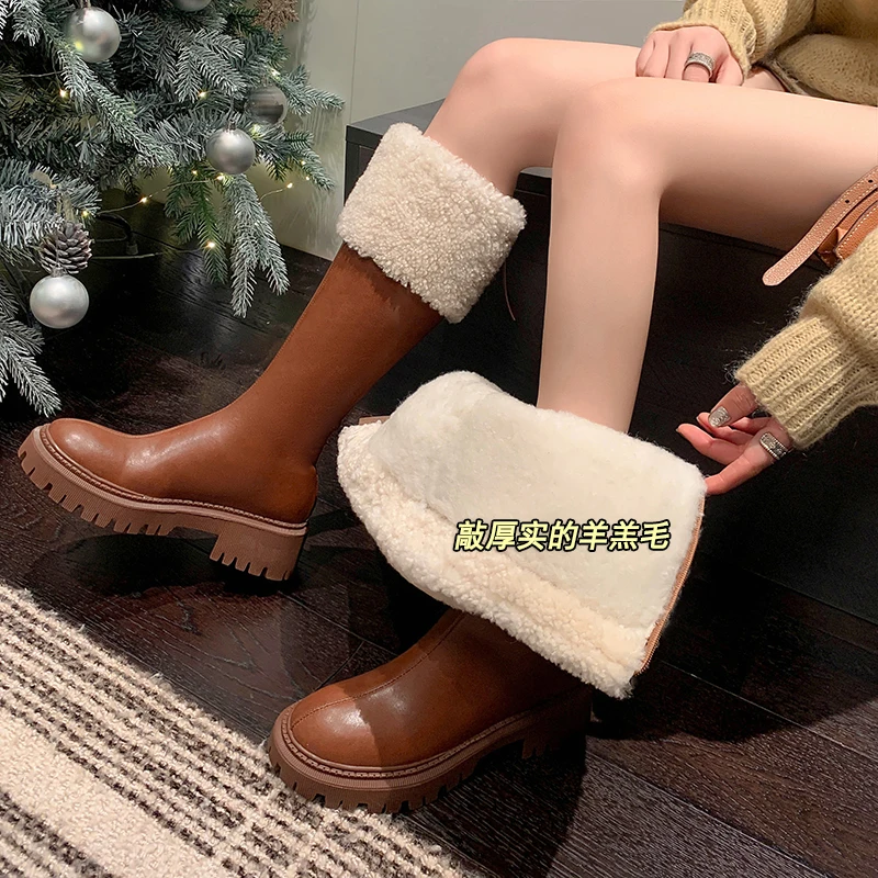 

2023 new winter warm shoes Women knee-high boots 22-25cm cowhide+wool modern boots back zip platform boots snow boots