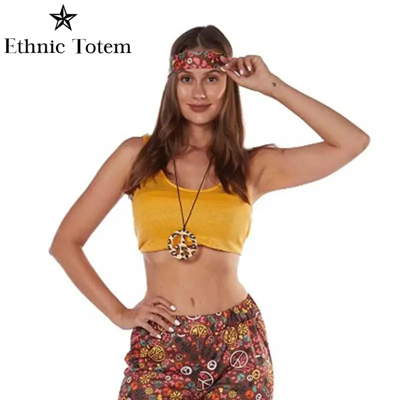 Vrouw 60S 70S Hippie Kostuum Accessoire 4-delige Luipaard Print Vintage Zonnebril Vrede Teken Ketting Oorbellen Haarband Sieraden