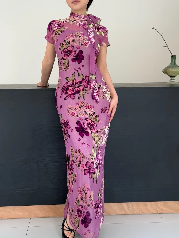

Mulan Lou Purple Flower Velvet Long ort Sve Draped Women's Traditional Chinese Costume Spring 2025 Polyester