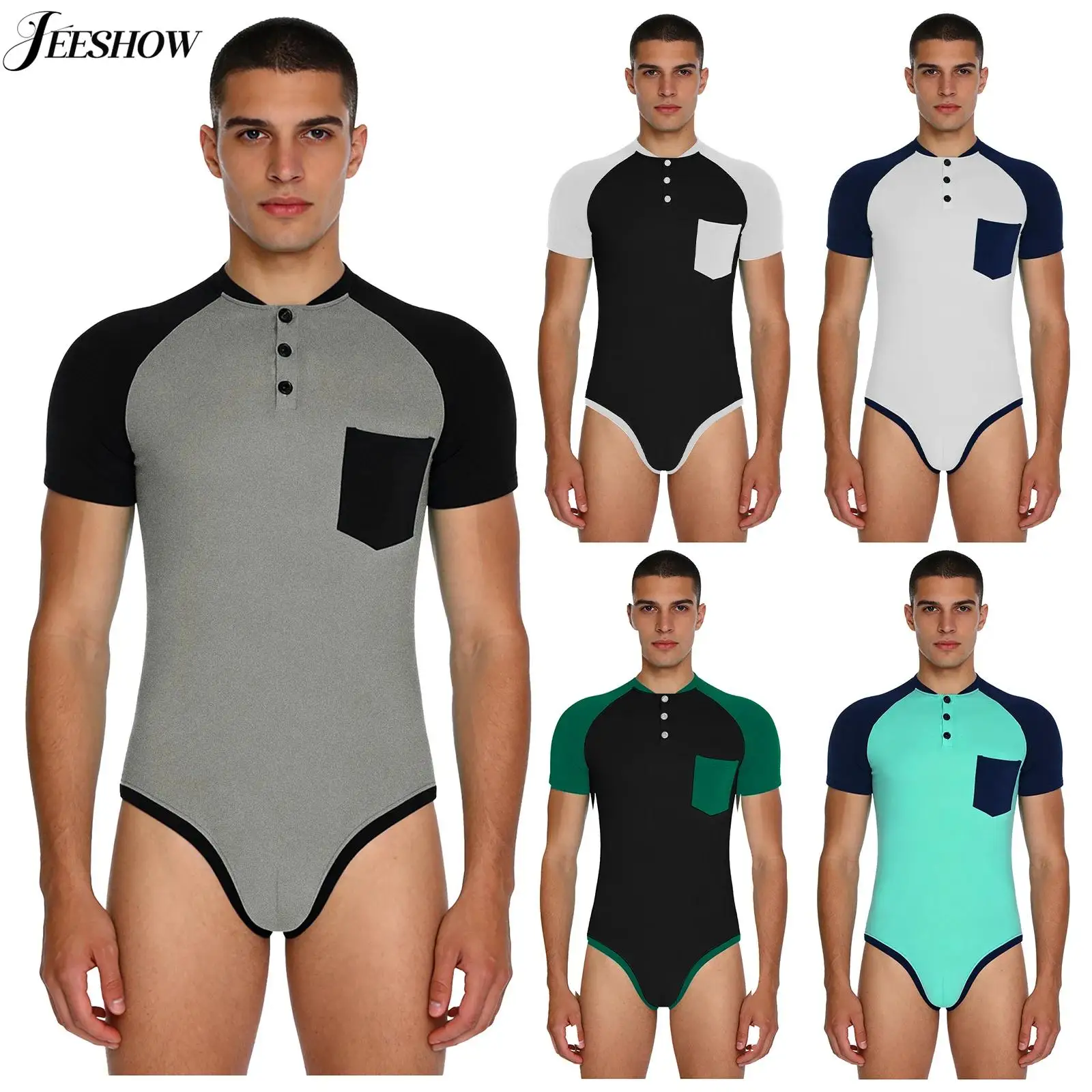 Mens Color Block Short Sleeve Bodysuit Button Up Henry Neck High Cut Openable Crotch Leotard Gymnastics Workout Undershirts