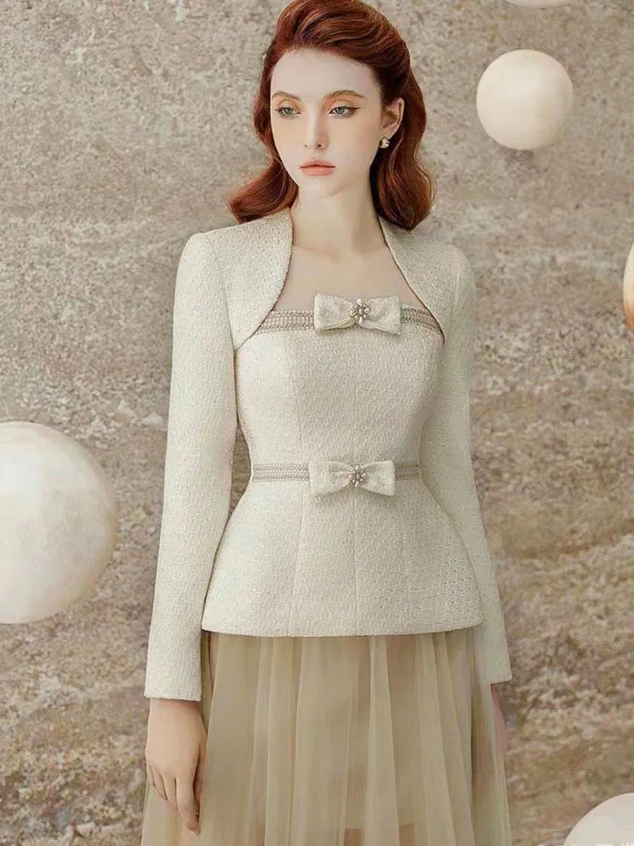 2025 Early Spring New Two Piece Dress Set Luxurious Temperament Long Sleeved Light Gauze Woolen Jacket with Mesh Skirt Set