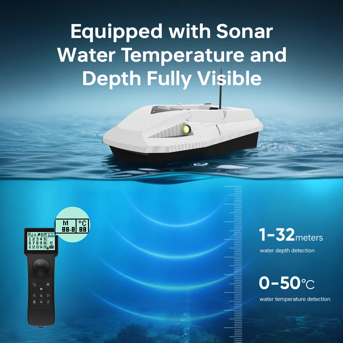 Barco Cebador con GPS LOKEEVAN D50E, 15600*2 mAh, 12V, GPS+Beidou, Doble Posicionamiento, con Sonda, Detección de Profundidad y Temperatura del Agua, Tres Modos de Velocidad, Control Remoto Inalámbrico 2.4G, 360° ° Barco Cebador de Pesca con Joystick Direccional y Velocidad de Navegación de 1.7 m/s