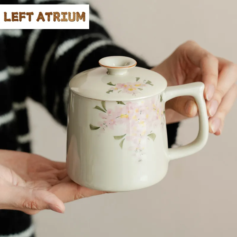 

330 мл кофейная кружка с цветком глицинии и растения, ясень, ручная роспись, кружка для завтрака, кружка для послеобеденного чая, офисная чашка для воды, чайные услуги