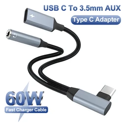 2 en 1 OTG tipo codo USB C a conector de 3,5mm AUX Audio adaptador de auriculares 60W carga rápida para Samsung iPhone 15 Pro Huawei Xiaomi