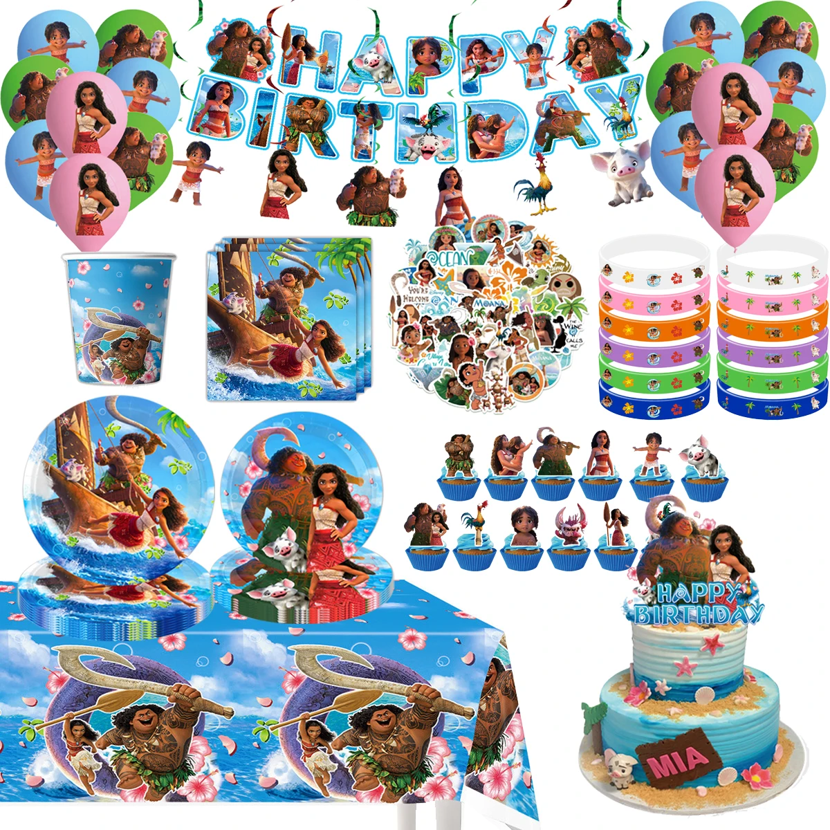 Moana 2 Party Decoration Supplies Disposable Tableware Set Paper Cups Plates Stickers Bracelets Party Favor Gifts Bag Fillers