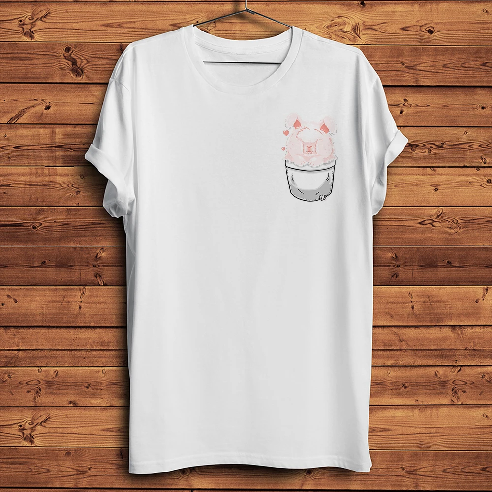 Cute Angora Rabbit in Pocket Funny 3d Vision Tshirt,Men White Casual Short Sleeve Tee,Streetwear Unisex T-Shirt Breathable Print