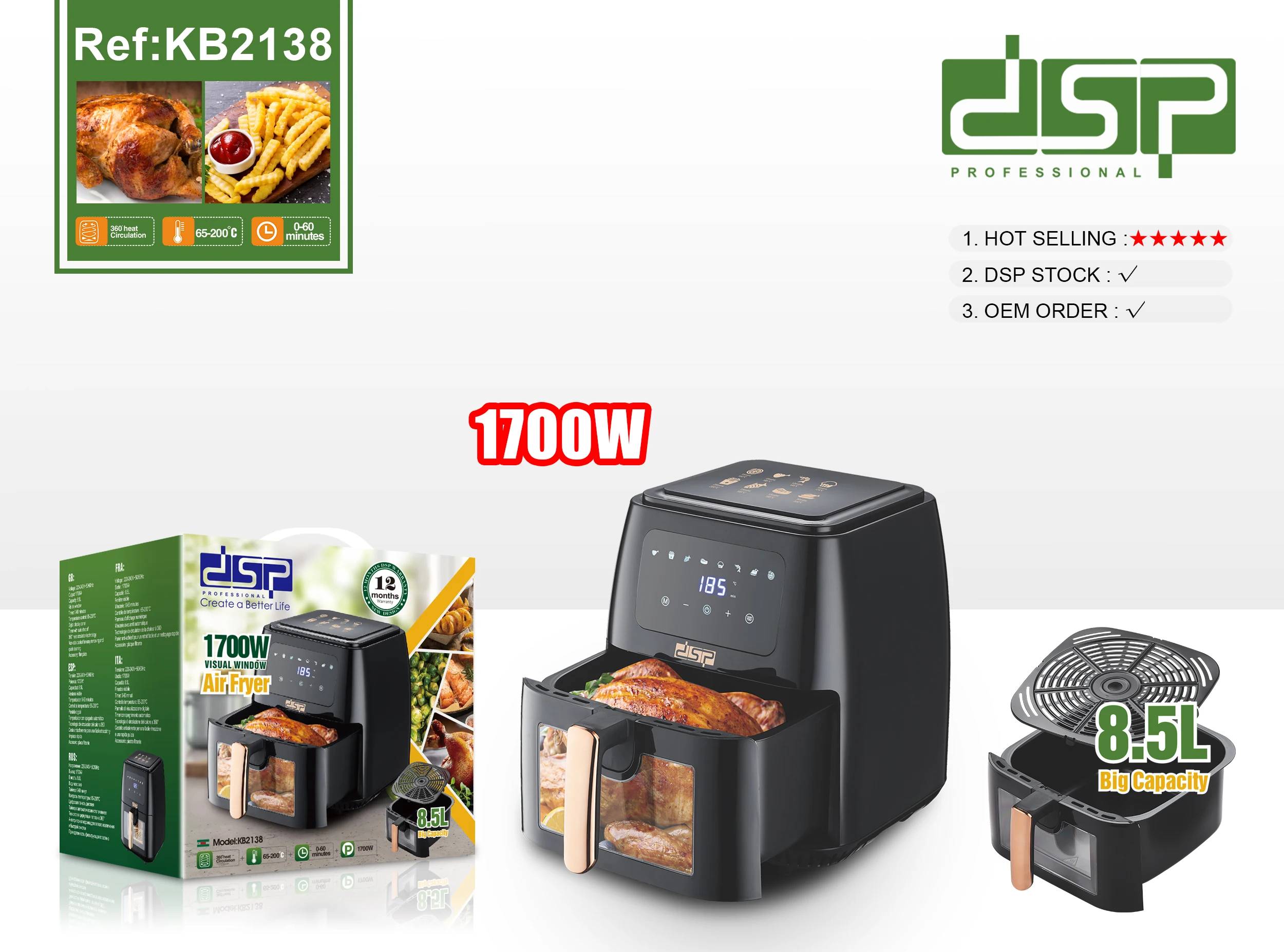 DSP Hot Sale Professional 8.5L With Visible Window Electric Air Fryer 1700w Deep Fryer Digital Hot Air Fryer