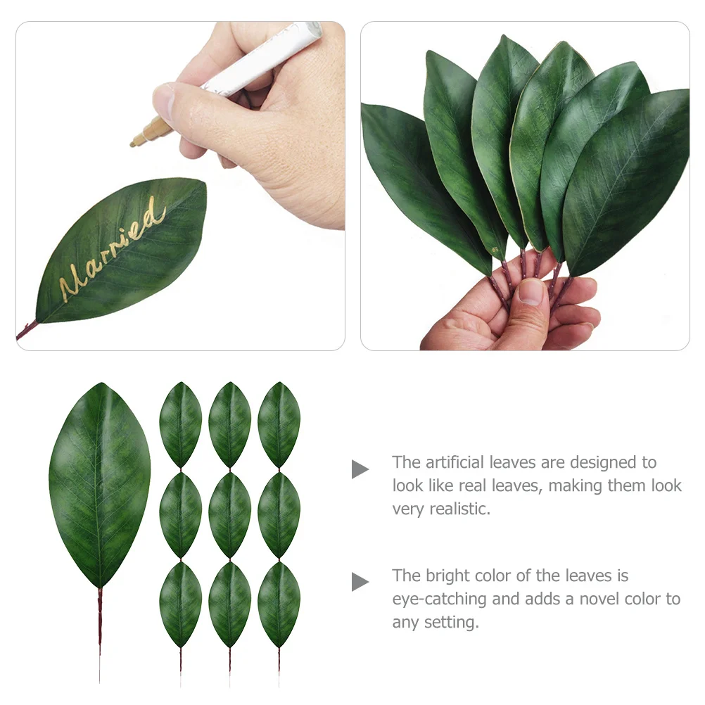 10Pcs Vivid Faux Magnolia Leaves Realistic Simulation Leaves Decor for Home Decor Wedding Party Office Tabletop Accessory