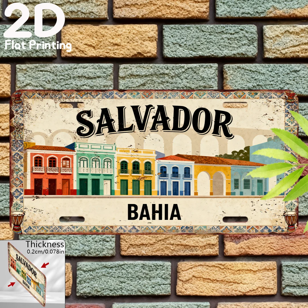 Placa de Metal Vintage Salvador Bahia Brasil - Decoração de Parede Durável com Edifícios Coloniais, Arte de Parede para Casa, Escritório, Bar e Man Cave