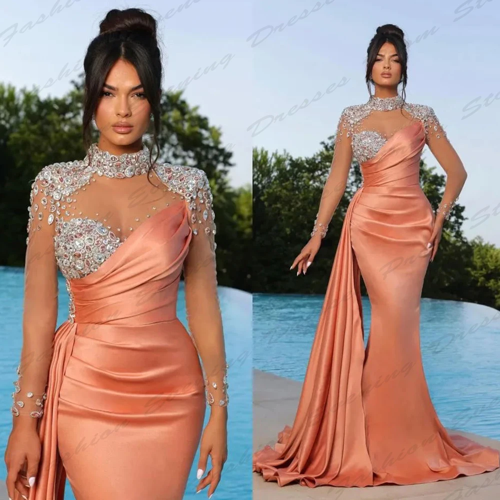 Mermaid Gorgeous Satin Evening Dresses For Women Exquisite Beautiful Beading Elegant Sexy High Necked Long Sleeved Prom Gowns