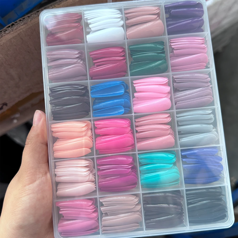 576 قطعة/صندوق ملون طويل نعش الأظافر وهمية لامعة لينة هلام الفرنسية مسمار نصائح بسيطة اضغط على مسمار 24 شبكة سعة ضخمة أظافر صناعية