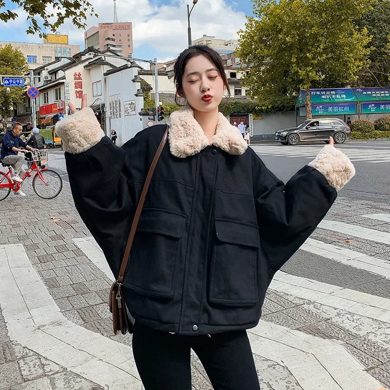 Women Korean Loose Lamb Lined Cotton Jacket Thick Warm Ins Style Casual Student Winter Coat Daily Wear S-XL