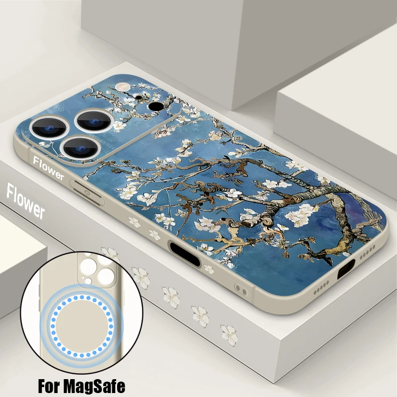 Magnolia Blumen Druck Telefon Fall Für iPhone 17 Pro Max 16e Air 16 15 14 13 12 Pro max 11 Magnetische Für Magsafe TPU Lanyard Abdeckung
