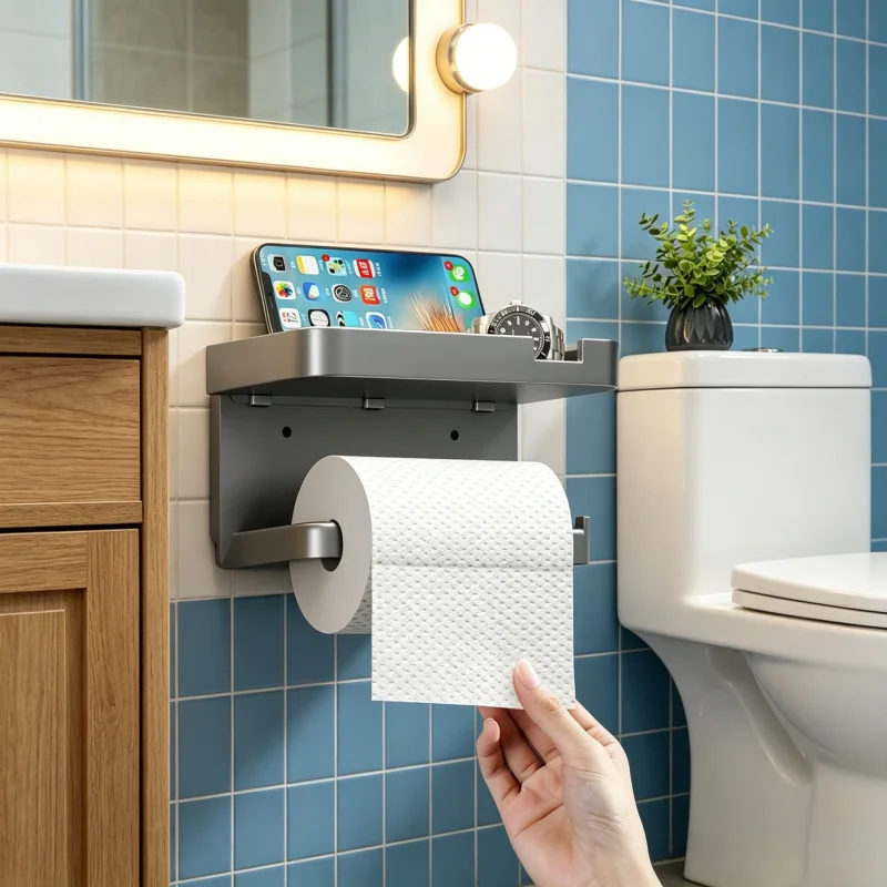 Wall Mount Toilet Paper Holder Multifunctional Plastic Storage Rack Bathroom Phone Kitchen Spice Bottle Towel Organizer