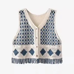 Fringed Crochet Vest Women Button Front Sleeveless Sheer Open-knit Crop Waistcoat Top Teengirl Boho Vacation Beach Outfit