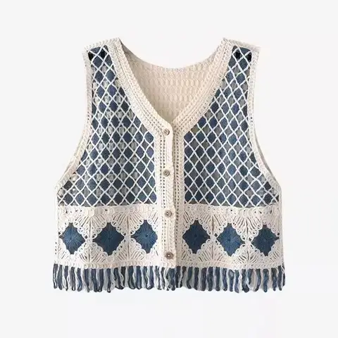 Fringed Crochet Vest Women Button Front Sleeveless Sheer Open-knit Crop Waistcoat Top Teengirl Boho Vacation Beach Outfit