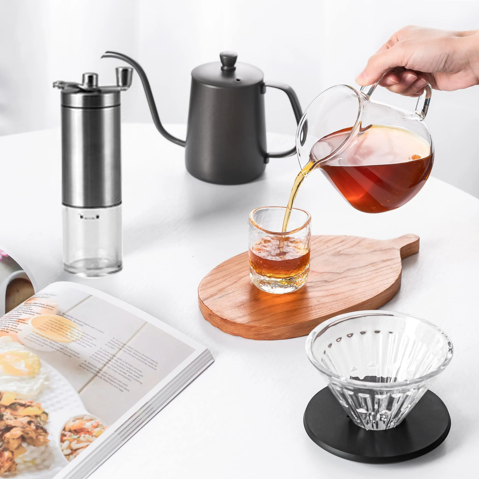 Hand Brew Coffee Maker Set with Gooseneck Kettle,Glass Coffee Dripper,Filter Paper,Barista Beginner Gift,Espresso Accessories