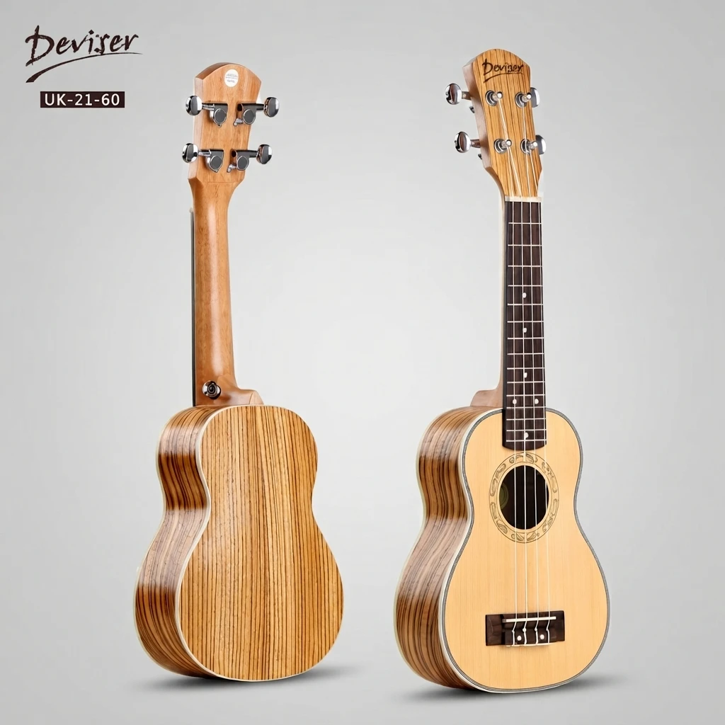 Soprano Ukulele with Zebra Striped Back, Natural Light Top, 4 Strings, Silver Closed Tuners, Decorative Rosette for Beginners