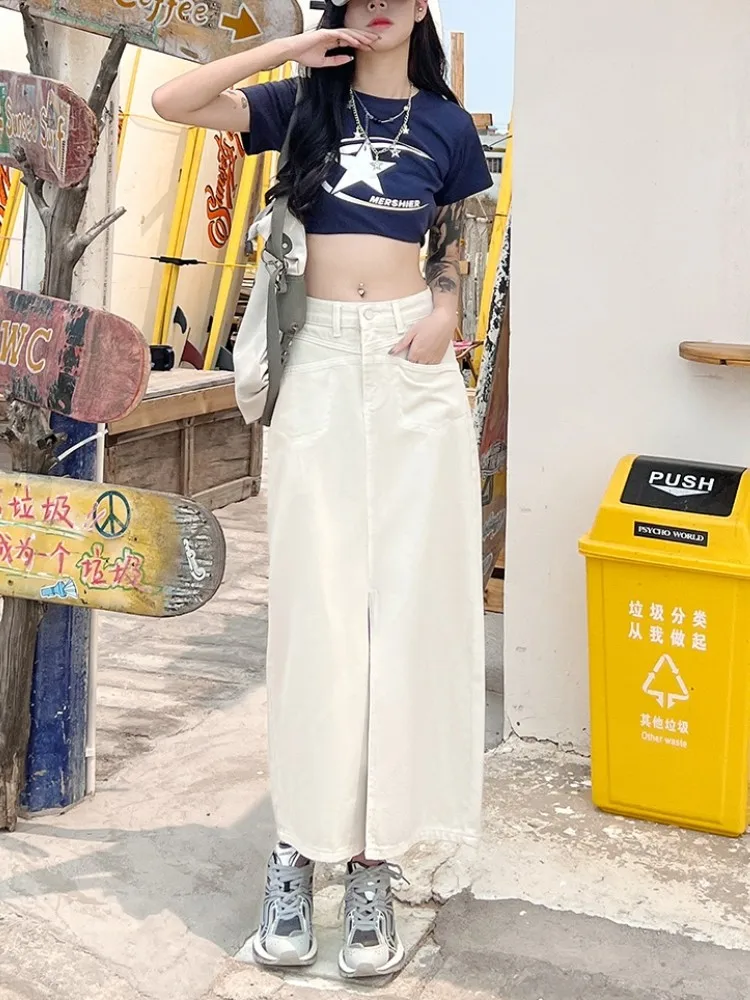 GUUZYUVIZ Summer High Waist A Line Split Casual Skirts Womens Vintage Long Jean Skirts For Ladies