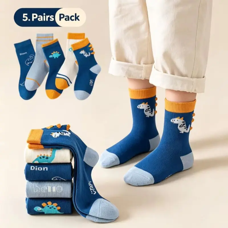 5 Pairs Boys Dinosaur Crew Socks Cute Cartoon dinosaur spikes socks Cotton Kids Socks Spring Autum