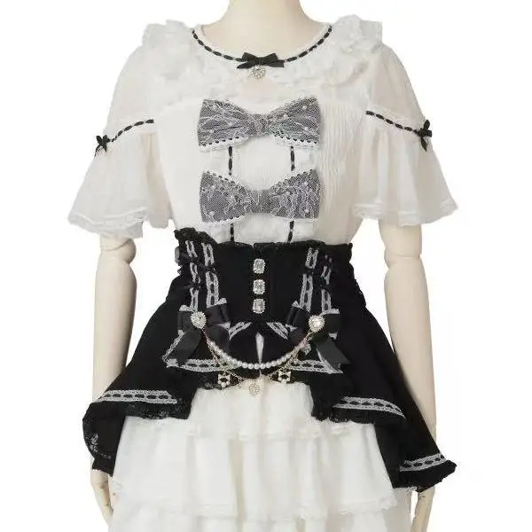 2025 New Japanese Style Liz Shirt and Skirt Mine Mass-Produced Sweet Big Bow Puff Sleeve Lolita Shirt Woman's High Waist Skirt