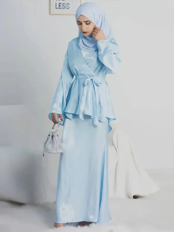 Shimmer 2 Piece Muslim Suit Sets Dubai Turkish Skirt and Shirts Blouses Kimono Top Set Women Ramadan Eid Islamic Modest Outfits