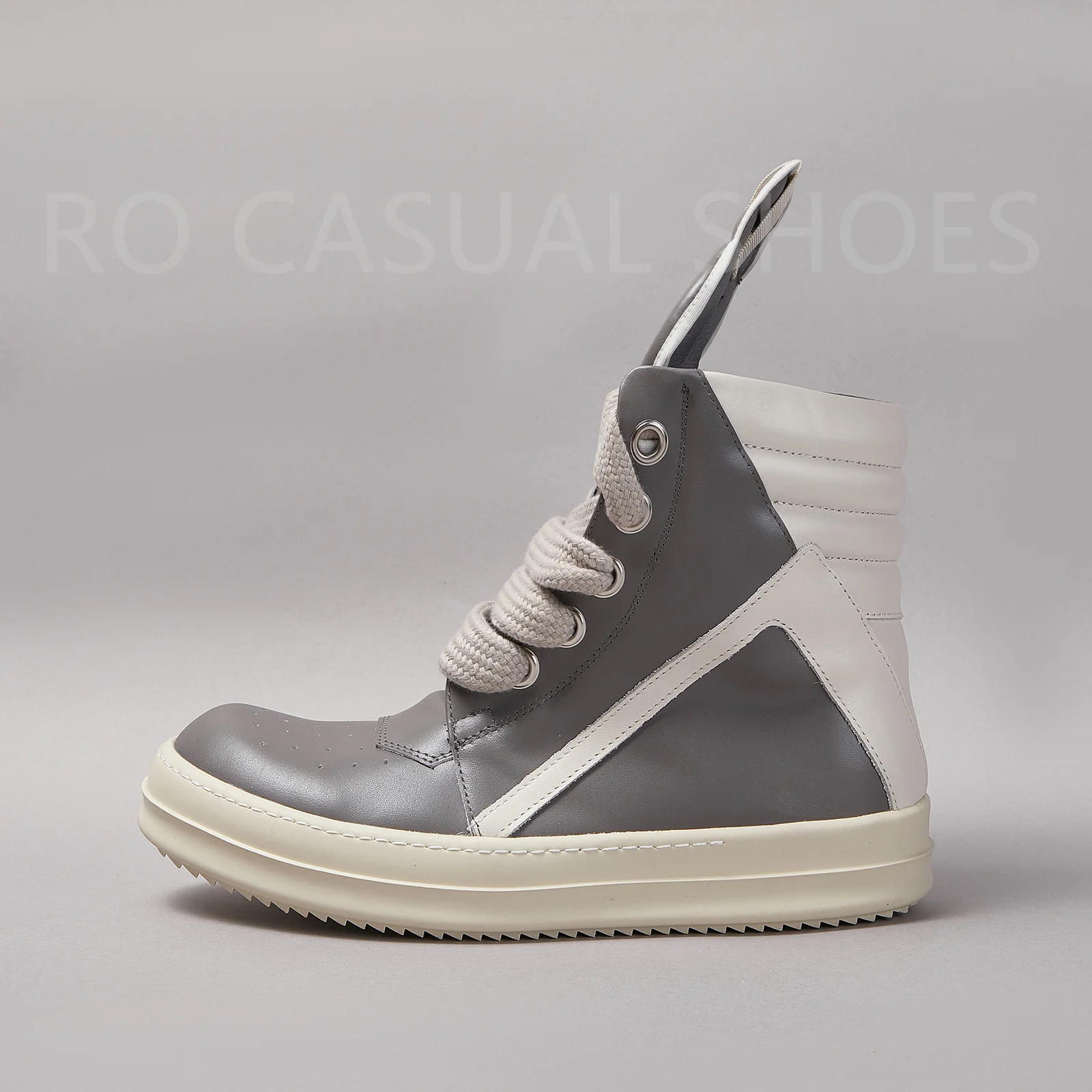 Brand Ricks Casual Men High Top Jumbo Lace Grey Leather Quality Women Sneaker Ankle Boot Geobasket Owens Design Flat Zip Shoe